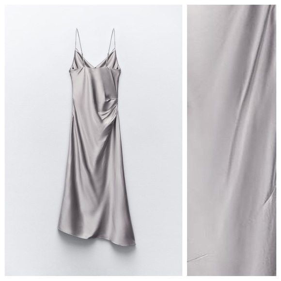 NWT. Zara Silver Satin Effect Slip Midi Dress. Size XL. - Picture 7 of 9